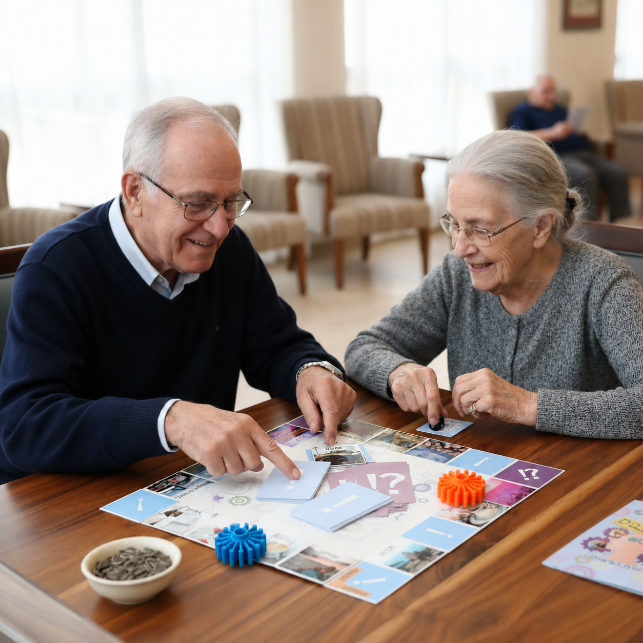 קשישים משחקים ביחד בגלגלים מסתובבים | Elderly playing cognitive stimulation board game