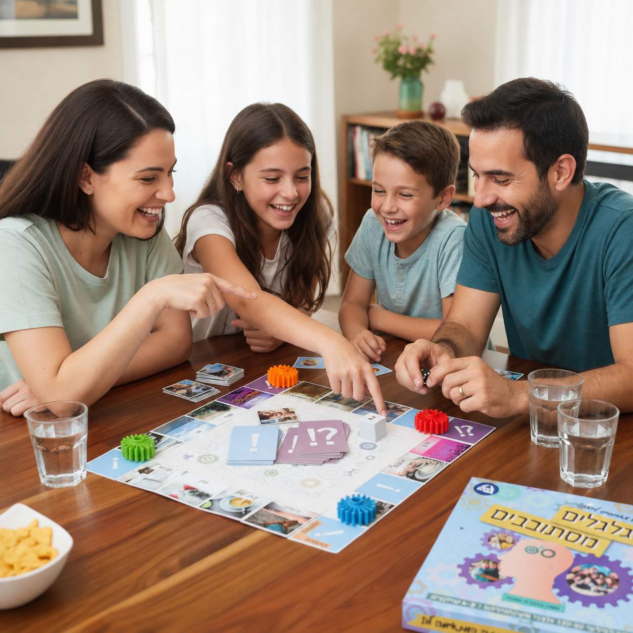משפחה משחקת בגלגלים מסתובבים | Family playing Hebrew language board game
